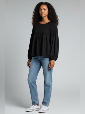 H&M Black Smocked Babydoll Blouse Long Balloon Sleeve Top Size 8